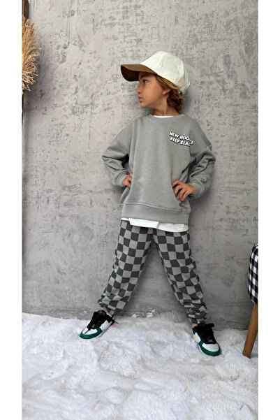 Kidmark Çocuk Modası Boy's Checker Pattern 100% Cotton Gray Basic Set