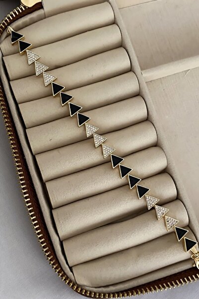 H&S AKSESUAR Özel Seri Zirkon Taşlı Siyah Mineli Üçgen Figür Sıralı Bileklik