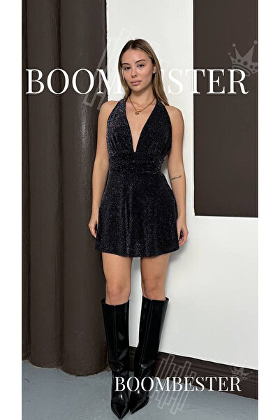 BoomBester Simli Kloş Etekli Parlak Dokulu Askılı Kadın Astarlı Mini Parti El...