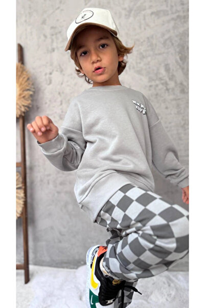 Kidmark Çocuk Modası Boy's Checker Pattern 100% Cotton Gray Basic Set