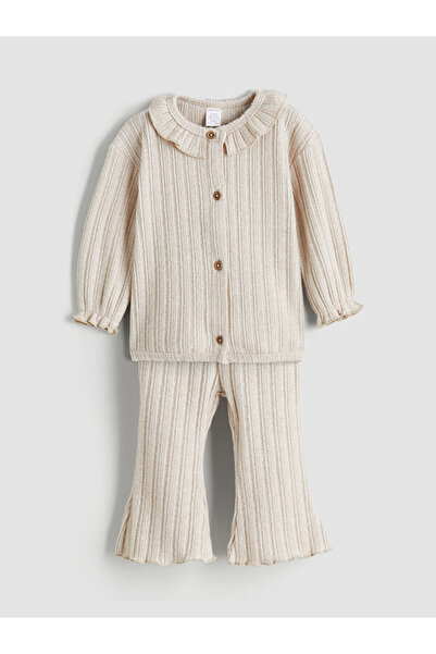 LC Waikiki Cardigan și jambiere pentru fetiță Ecru guler tip Peter Pan
