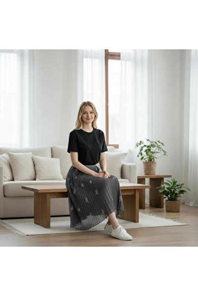 EREN STYLE Leather-Look Butterfly and Stone Detailed Pleated Cotton Woven Viscose 4 Season Skirt (95 cm)-(38-50)