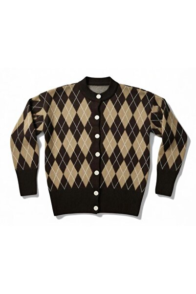 EREN STYLE Fleece-Lined Cotton Baklava Pattern Cardigan (Size 38-48)