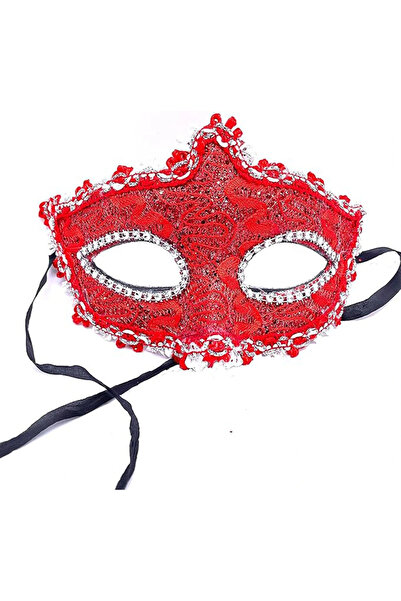 HarmonyAura Red Color Eyes Crystal Rhinestones Lace Party Mask 11X17 cm