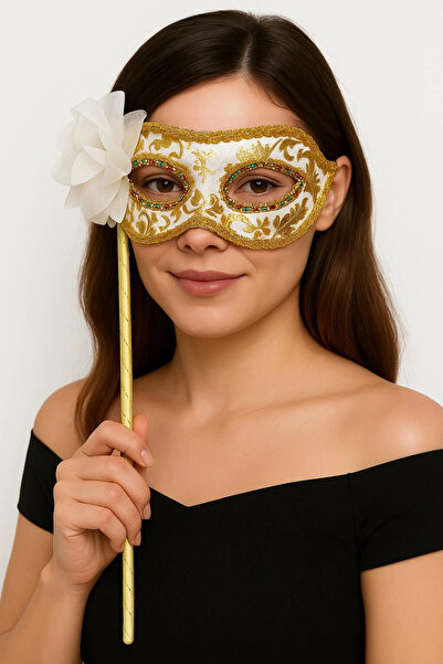 HarmonyAura Luxury Stone Handled Masquerade Mask White Color 35 cm