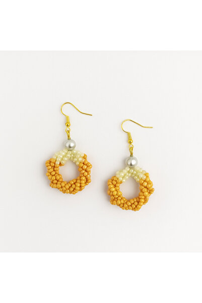 BUNILU Cercei rotunzi din pietre din nisip orange si perla alba sintetica – c...