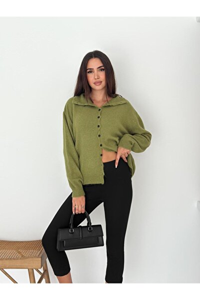 MİHRİZAR Oversized Cut Asymmetrical Buttoned Soft Textured Knitwear Cardigan Oil Green