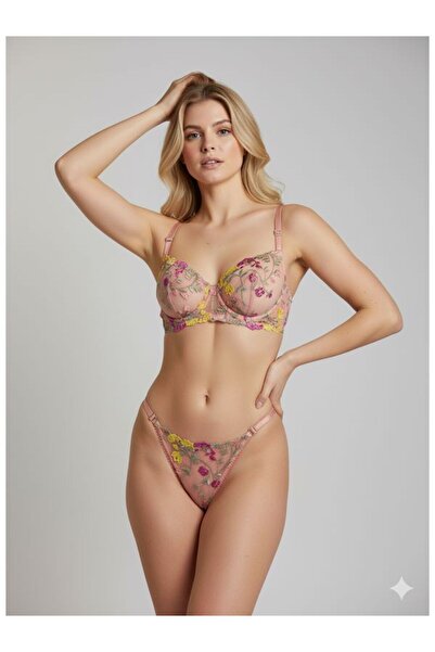 Zemella Somon Pembe Güpürlü Balenli Dolgusuz Sütyen Takımı