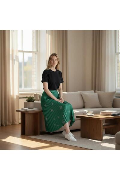 EREN STYLE Leather-Look Butterfly and Stone Detailed Pleated Cotton Woven Viscose 4 Season Skirt (95 cm)-(38-50)