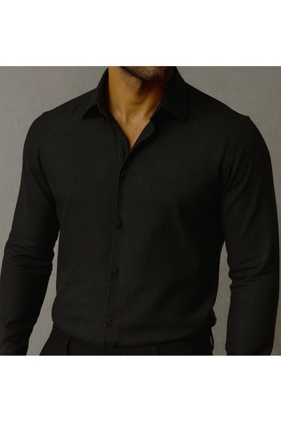 SAVARA Men's Slimfit Black Self-Printed Pocketless Shirt Dobby Woven