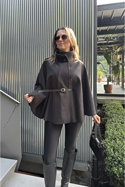 Lila Moda Belted Mock Neck Button Cashmere Cape Poncho