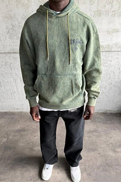 MADZEYMODA Ανδρικό φούτερ επένδυση fleece με κέντημα με λεπτομέρειες πράσινο πλυμένο με κουκούλα φούτερ Mz0406