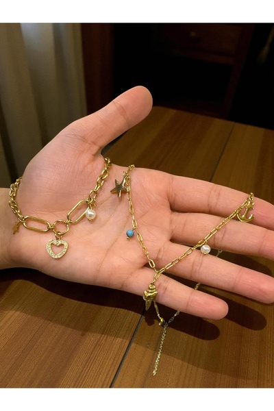 NEW STYLE An elegant accessory set consisting of a choker and bracelet made of stainless steel with various charms, presented in a suitable gift box.