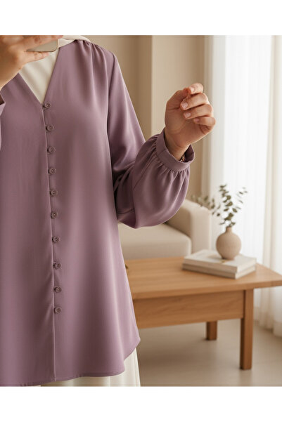 Modamorfo V-Neck Buttoned Long Back Shirt - Cherry