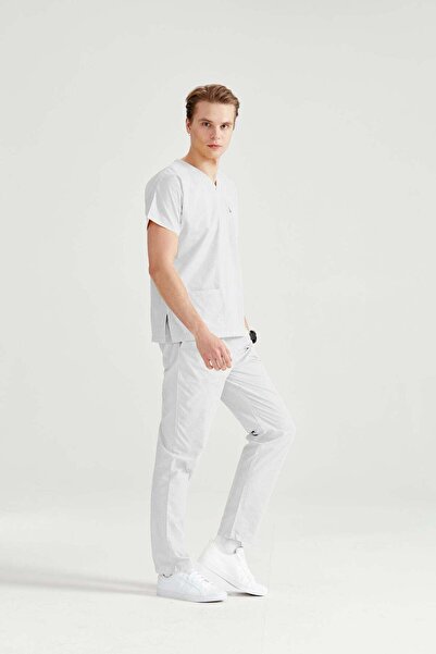 DEMOTEKS White Elastane Medical Suit, Men - Scrub Set Classic Flex