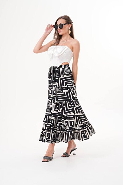 Polologin Butik Black Beige Ethnic Patterned Viscose Fabric Sports Hijab Skirt