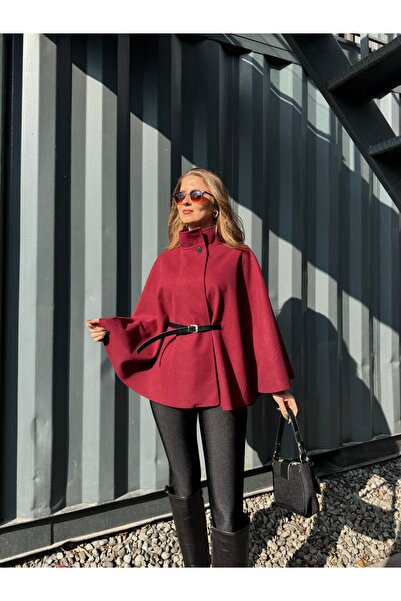 Lila Moda Belted Mock Neck Button Cashmere Cape Poncho