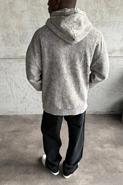 MADZEYMODA Ανδρικό φούτερ επένδυση fleece με λεπτομέρεια κεντήματος σε σκούρο γκρι πλυμένο με κουκούλα Mz0406