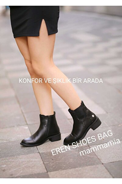 Mammamia 080150 Genuine Leather Thick Heeled Zippered Boots with Elastic Sides and Pin Detail