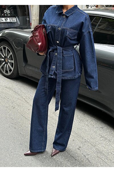 POP STORY Tied Denim Suit Oversized Jacket and High Waist Pants