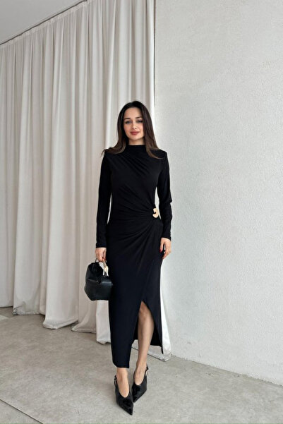 MODAMİNEM Women's Brooch Detailed Draped Midi Dress