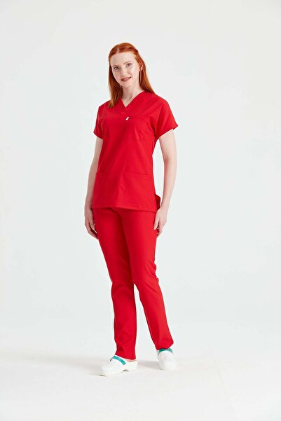 DEMOTEKS Red Elastane Medical Suit, Women - Scrub Set Classic Flex