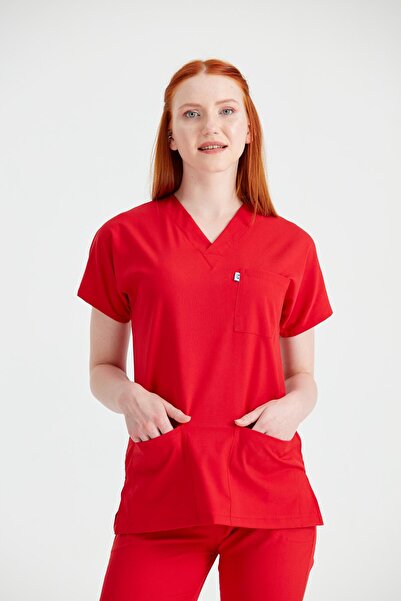 DEMOTEKS Red Elastane Medical Suit, Women - Scrub Set Classic Flex