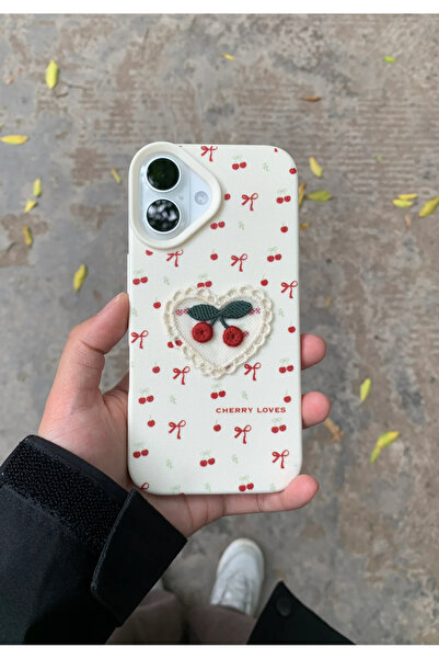 EDELFU iPhone 16 Plus - Cherry Heart Lace White Cover with Red Bow Design Silicone Case