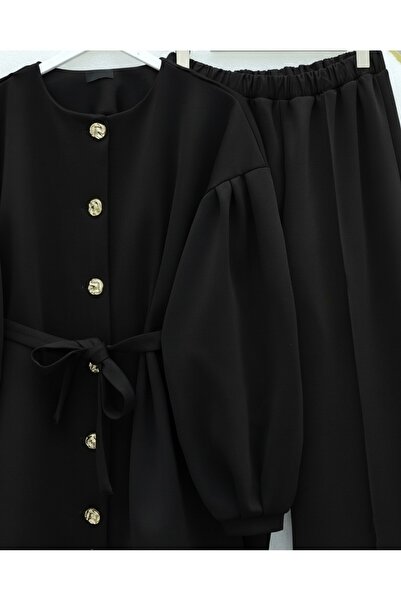 Modamorfo Balloon Sleeve Belted Front Buttoned Scuba Suit - Black