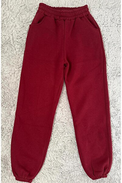 sinaan Women's Elastic Leg Pocketed Sport Casual Fit Burgundy Sweatpants
