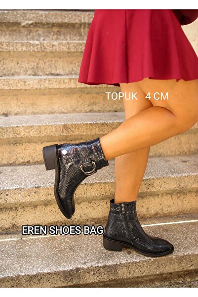 Mammamia 080750 Genuine Leather Patent Leather Printed Buckle Detailed Thick Heeled Boots