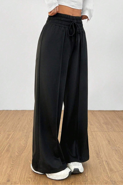 Hera Moda Women's Black Extra High Waist 2 Thread Wide Leg Sweatpants