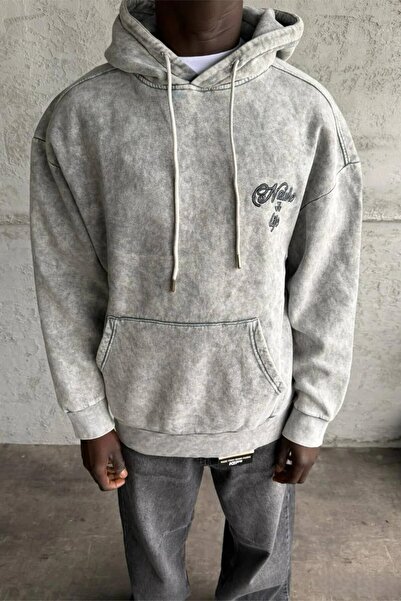 MADZEYMODA Men's Fleece-Lined Embroidery Detailed Light Gray Washed Hooded Sweatshirt Mz0406