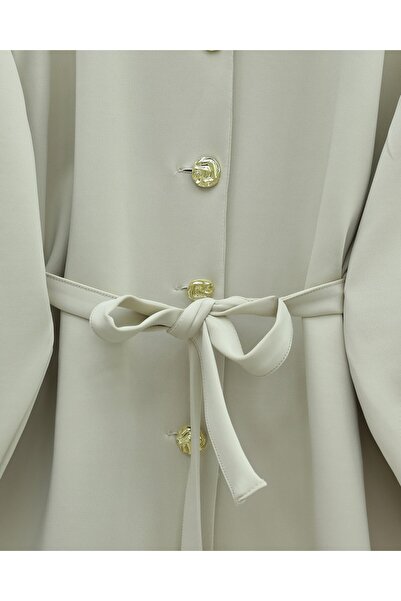 Modamorfo Balloon Sleeve Belted Front Buttoned Scuba Suit - Beige