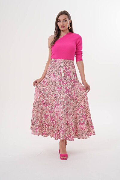 Polologin Butik Pink Poppy Patterned Long Viscose Skirt