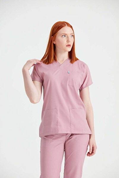 DEMOTEKS Costum Medical Elastan Roz Pudra, Femei - Scrub Set Classic Flex