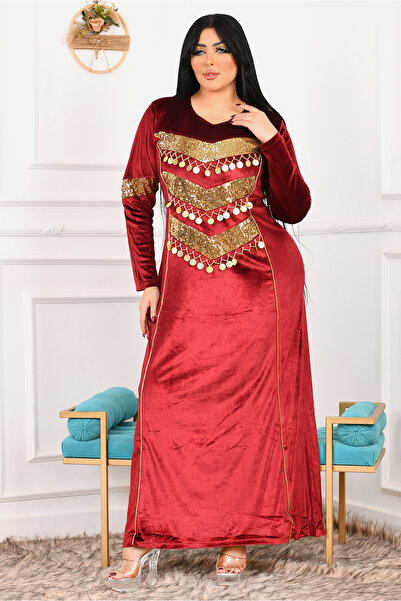 AsrymShop Winter reception abaya, velvet, brick red