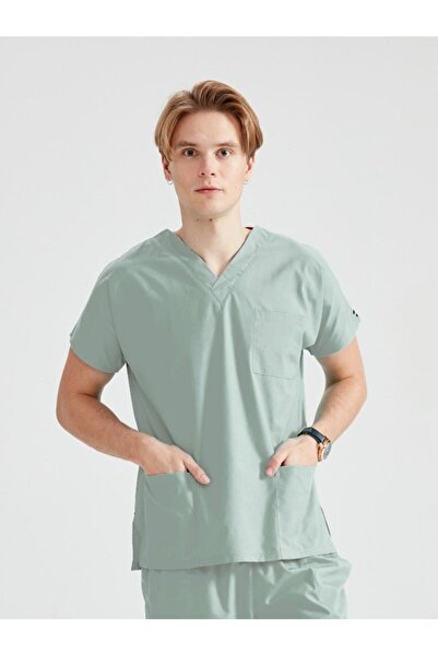 DEMOTEKS Costum Medical Elastan Verde Fistic, Barbati - Scrub Set Classic Flex