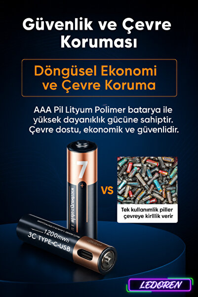 L'eDoren USB Type-C Şarjlı AAA Pil 1.5V 1000+ Kez Şarj Edilebilir Lityum Pil Kalem Pil (2’li Paket)