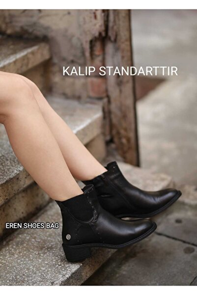 Mammamia 080150 Genuine Leather Thick Heeled Zippered Boots with Elastic Sides and Pin Detail