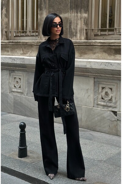 POP STORY Tied Denim Suit Oversized Jacket and High Waist Pants