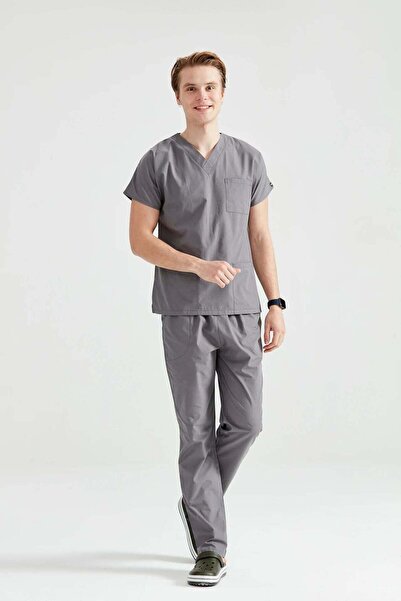 DEMOTEKS Grey Elastane Medical Suit, Men - Scrub Set Classic Flex