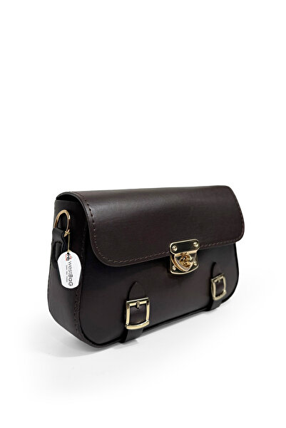 westbag Women's Lock Detailed Crossbody Hand and Shoulder Bag Small Size Bitter Brown - Beige Set of 2