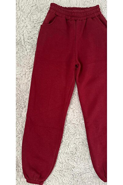 sinaan Women's Elastic Leg Pocketed Sport Casual Fit Burgundy Sweatpants
