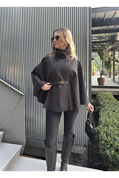 Lila Moda Belted Mock Neck Button Cashmere Cape Poncho