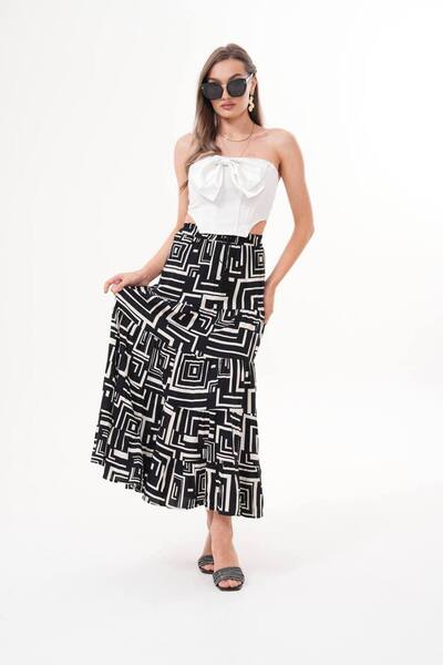 Polologin Butik Black Beige Ethnic Patterned Viscose Fabric Sports Hijab Skirt