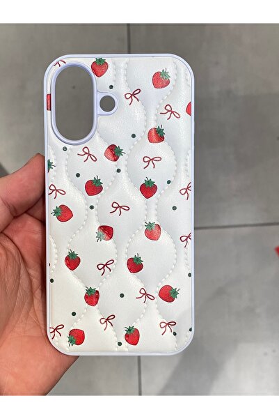 Mee.co iPhone 16 Compatible Strawberry Pattern Phone Case Faux Leather Case with Ribbon Pattern Stitching Detail