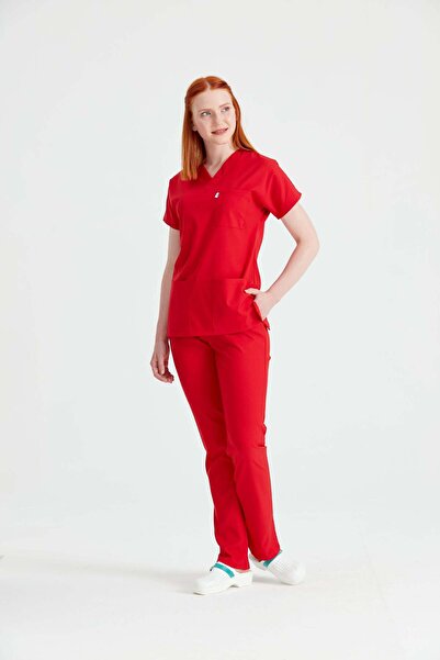 DEMOTEKS Red Elastane Medical Suit, Women - Scrub Set Classic Flex