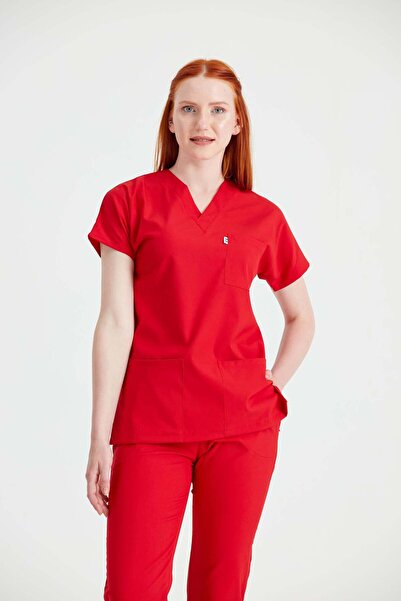 DEMOTEKS Red Elastane Medical Suit, Women - Scrub Set Classic Flex
