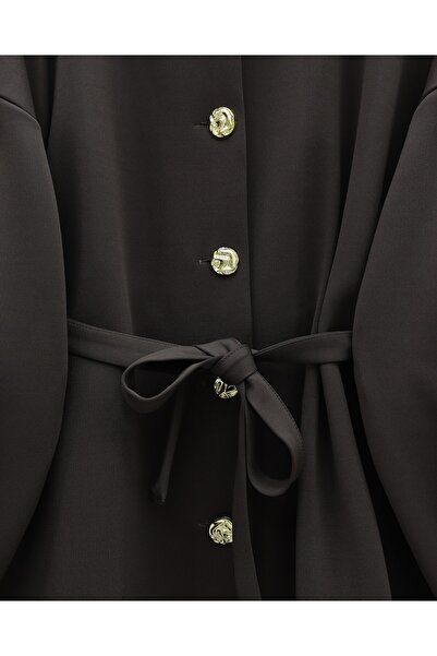 Modamorfo Balloon Sleeve Belted Front Buttoned Scuba Suit -K. Brown